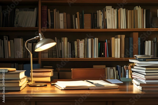 Obraz Neatly Arranged Work Desk with a Reading Lamp and Cozy Workspace Ambiance-