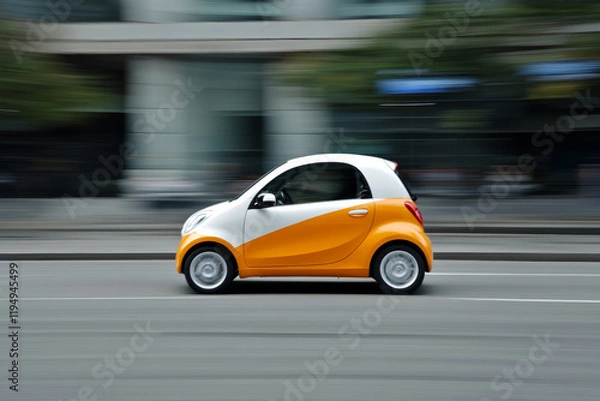 Fototapeta Compact car drives through city streets in a lively urban environment during daylight hours