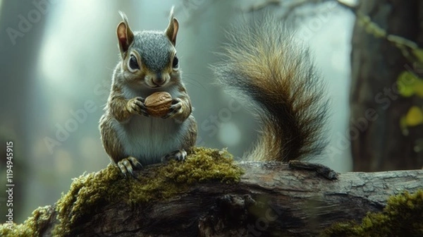 Fototapeta A charming squirrel holding a nut while sitting on a moss-covered log