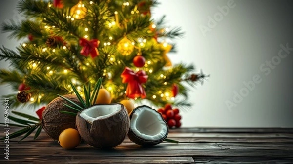 Fototapeta Illuminated Christmas Tree, Fresh Coconut, Rustic Wood