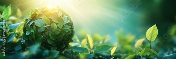 Fototapeta Globe made of leaves surrounded by green foliage under soft sunlight illustrating global environmental awareness and ecological conservation efforts