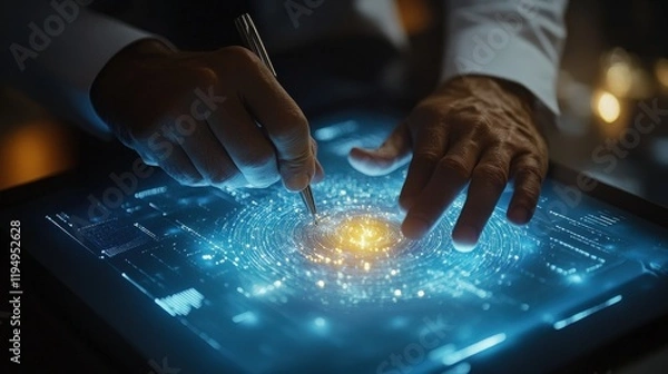 Fototapeta Professional Businessman Utilizing Tablet for Efficient Digital Signing in Modern Workspace with Innovative Technology and Dynamic Interface