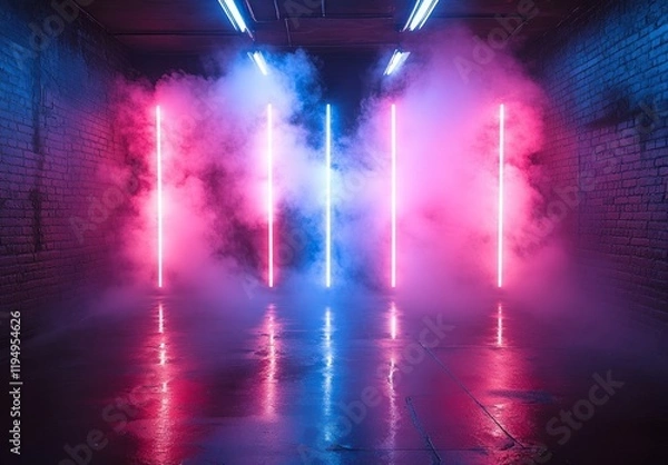 Fototapeta Neon-Lit Corridor with Glowing Pink and Blue Lights, Fog Effects, and a Wet Floor Creating a Futuristic Cyberpunk Atmosphere