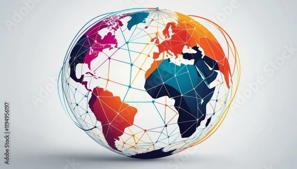 Fototapeta A striking geometric representation of a world globe, using vibrant colors and interconnecting lines, showcasing globalization and interconnectedness in a modern artistic style.