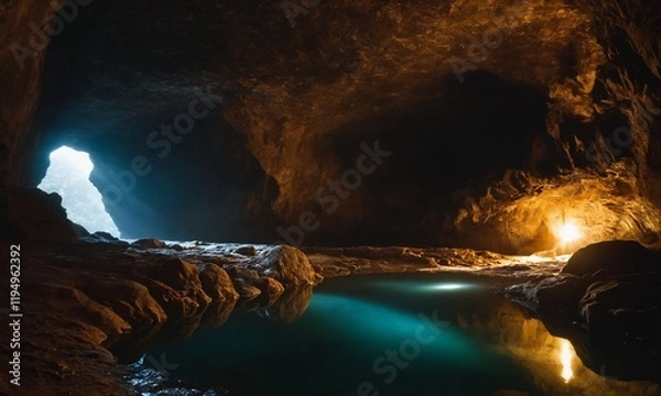 Obraz 신비로운동굴 아래는 멋진물이 있다 동굴속 빛이비친다.