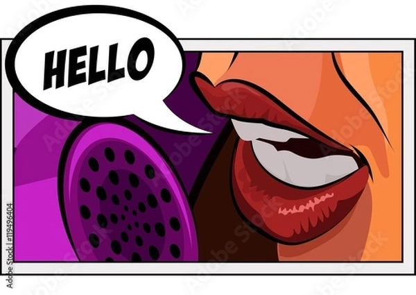 Obraz Pop art vintage comic. Girl talking on the phone. Retro style. Bubble with text Hallo. Vector illustration