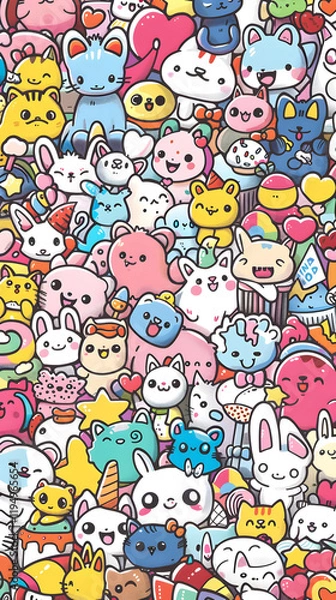 Obraz Adorable Kawaii Icons: A Delightful Collage Featuring Cheerful Animals, Enchanting Elements, and Sweet Treats in Pastel Colors