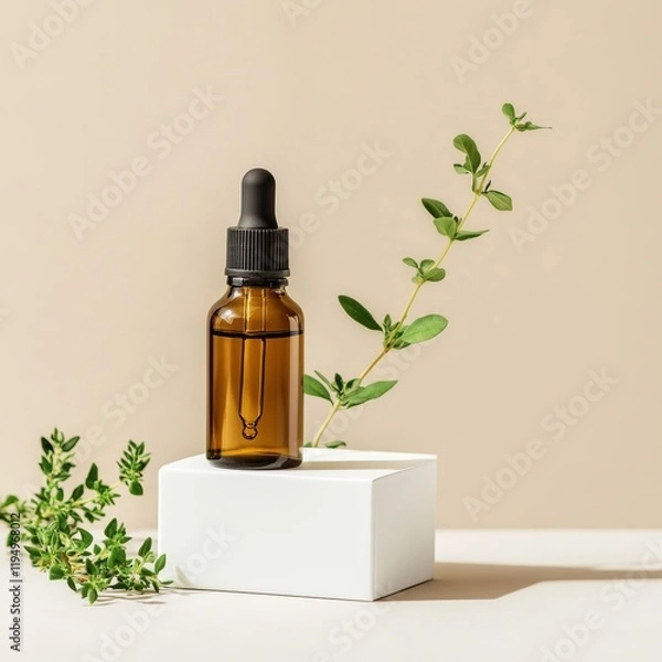 Fototapeta Essential oil in a glass dropper bottle with a green branch of thyme