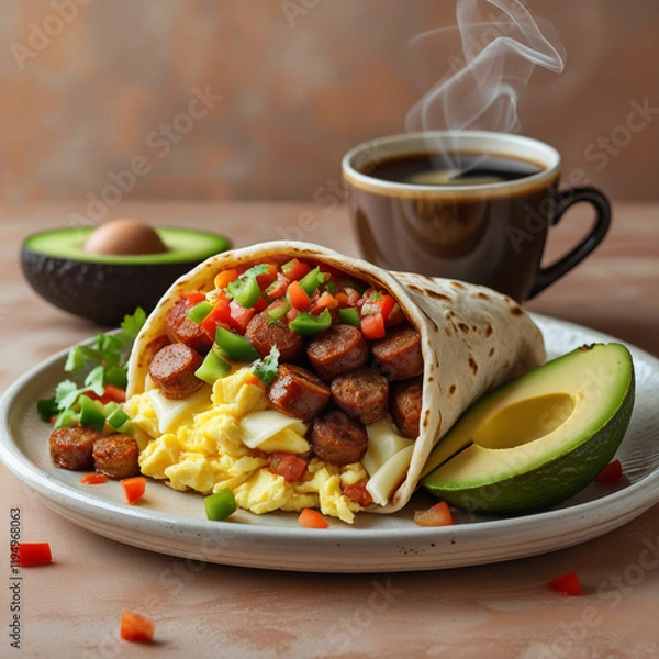 Obraz A stuffed breakfast burrito overflowing with scrambled eggs, sausage, cheese, diced peppers, and a hint of salsa, served on a plate with sliced avocado and a cup of steaming coffee.
