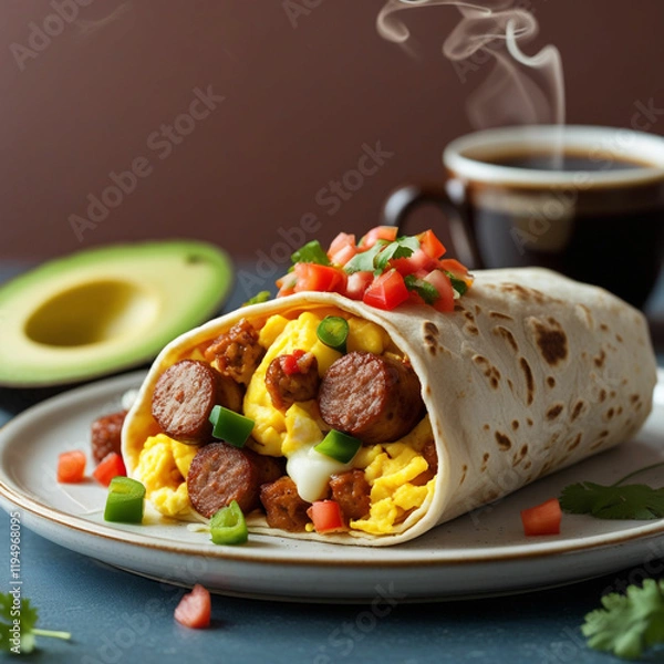 Obraz A stuffed breakfast burrito overflowing with scrambled eggs, sausage, cheese, diced peppers, and a hint of salsa, served on a plate with sliced avocado and a cup of steaming coffee.