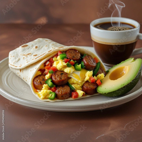 Obraz A stuffed breakfast burrito overflowing with scrambled eggs, sausage, cheese, diced peppers, and a hint of salsa, served on a plate with sliced avocado and a cup of steaming coffee.