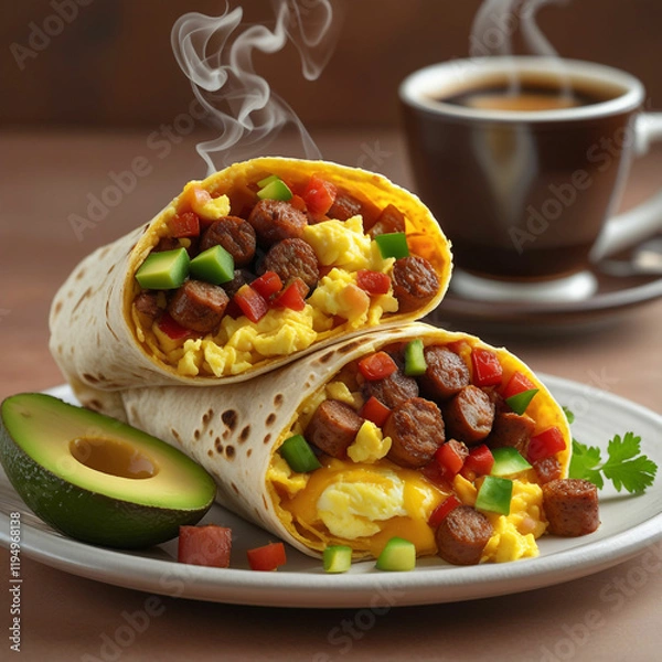 Obraz A stuffed breakfast burrito overflowing with scrambled eggs, sausage, cheese, diced peppers, and a hint of salsa, served on a plate with sliced avocado and a cup of steaming coffee.