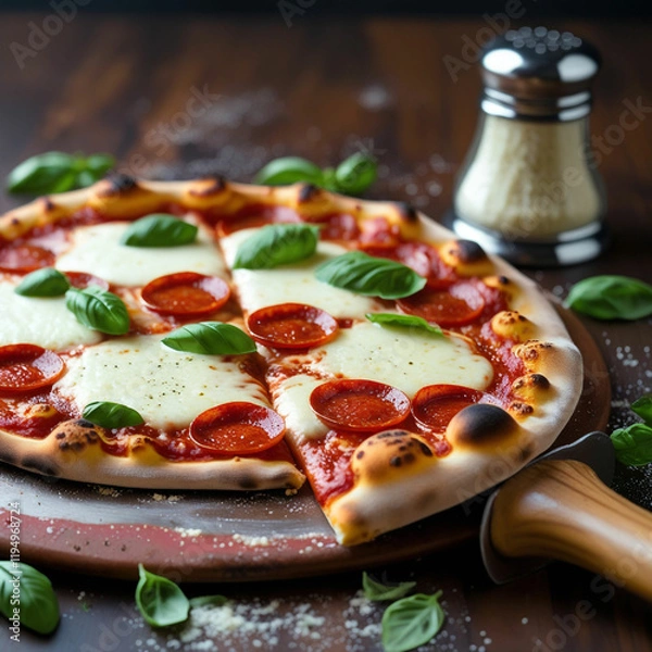 Obraz A freshly baked pepperoni pizza with bubbling mozzarella cheese and perfectly crisp edges, served on a wooden pizza peel with a sprinkling of fresh basil leaves and a parmesan shaker in the background