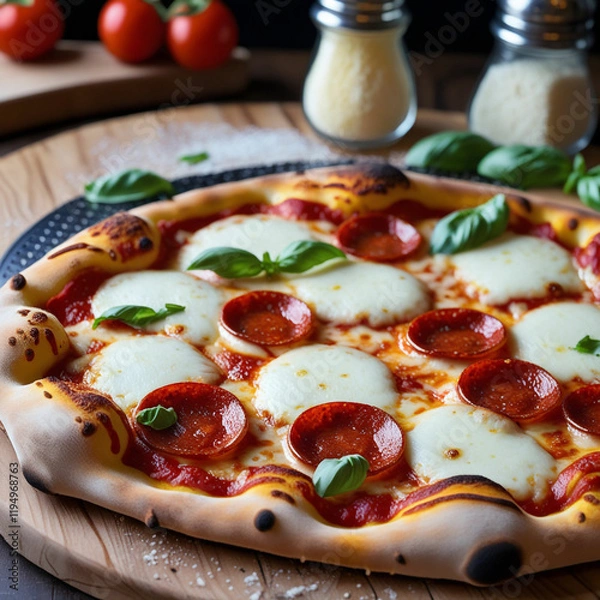 Obraz A freshly baked pepperoni pizza with bubbling mozzarella cheese and perfectly crisp edges, served on a wooden pizza peel with a sprinkling of fresh basil leaves and a parmesan shaker in the background