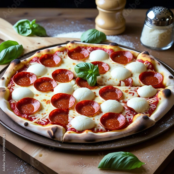 Obraz A freshly baked pepperoni pizza with bubbling mozzarella cheese and perfectly crisp edges, served on a wooden pizza peel with a sprinkling of fresh basil leaves and a parmesan shaker in the background