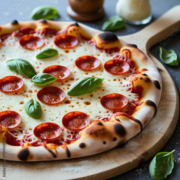 Obraz A freshly baked pepperoni pizza with bubbling mozzarella cheese and perfectly crisp edges, served on a wooden pizza peel with a sprinkling of fresh basil leaves and a parmesan shaker in the background