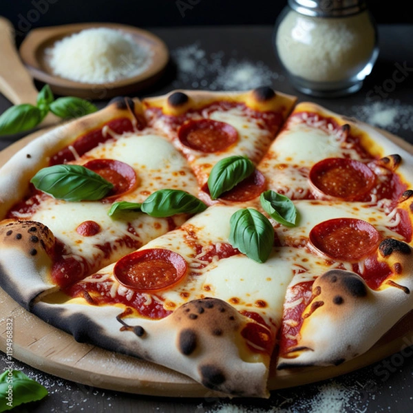 Obraz A freshly baked pepperoni pizza with bubbling mozzarella cheese and perfectly crisp edges, served on a wooden pizza peel with a sprinkling of fresh basil leaves and a parmesan shaker in the background