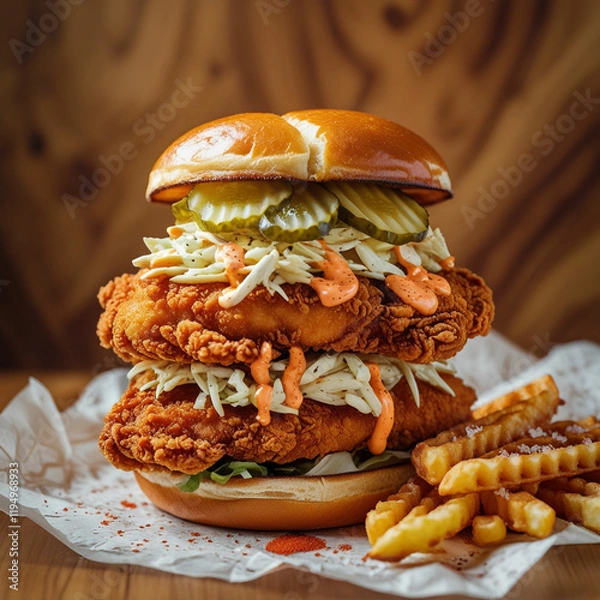 Obraz A stacked chicken sandwich featuring crispy fried chicken fillets, creamy coleslaw, pickles, and a drizzle of spicy mayo, all layered between soft brioche buns, with a side of waffle fries.