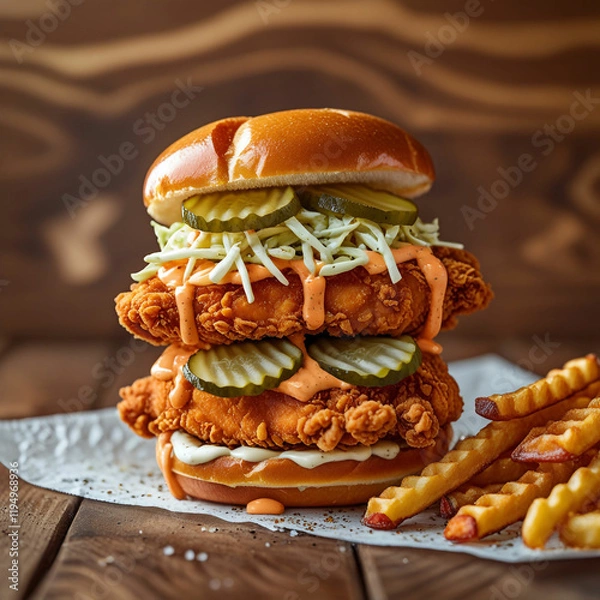 Obraz A stacked chicken sandwich featuring crispy fried chicken fillets, creamy coleslaw, pickles, and a drizzle of spicy mayo, all layered between soft brioche buns, with a side of waffle fries.