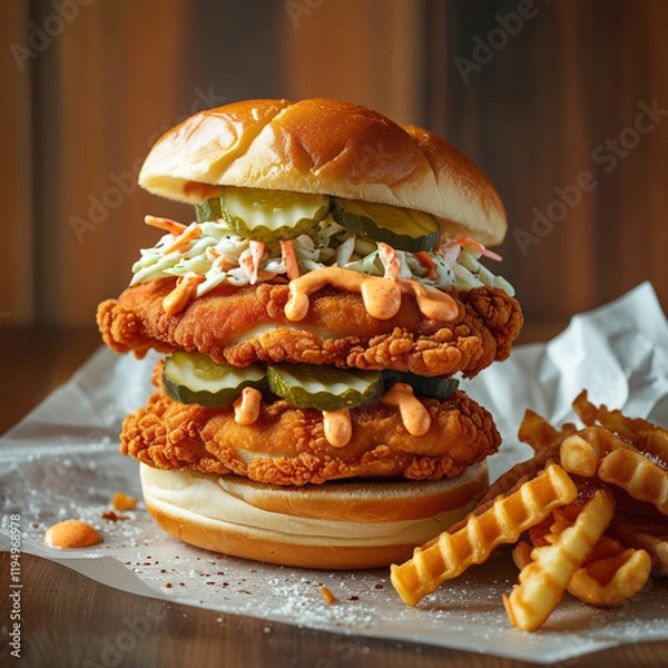 Obraz A stacked chicken sandwich featuring crispy fried chicken fillets, creamy coleslaw, pickles, and a drizzle of spicy mayo, all layered between soft brioche buns, with a side of waffle fries.