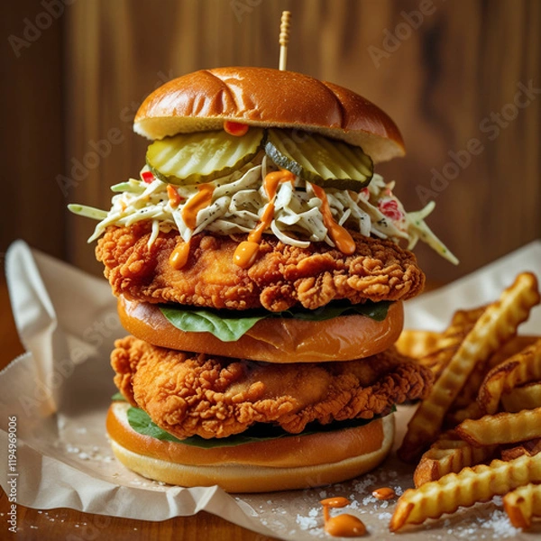 Obraz A stacked chicken sandwich featuring crispy fried chicken fillets, creamy coleslaw, pickles, and a drizzle of spicy mayo, all layered between soft brioche buns, with a side of waffle fries.