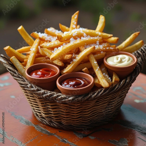 Obraz A close-up of a basket of golden, crispy French fries sprinkled with sea salt, served with small dipping cups of ketchup, mayonnaise, and barbecue sauce, on a rustic wooden table.