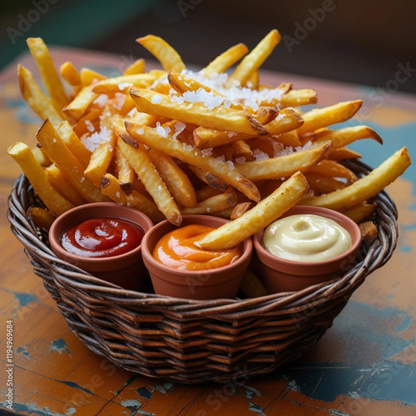 Obraz A close-up of a basket of golden, crispy French fries sprinkled with sea salt, served with small dipping cups of ketchup, mayonnaise, and barbecue sauce, on a rustic wooden table.