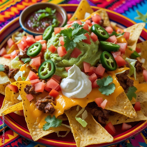 Obraz A colorful platter of loaded nachos topped with melted cheddar, jalapeños, guacamole, sour cream, diced tomatoes, and shredded lettuce, served with a side of salsa on a vibrant Mexican-style.