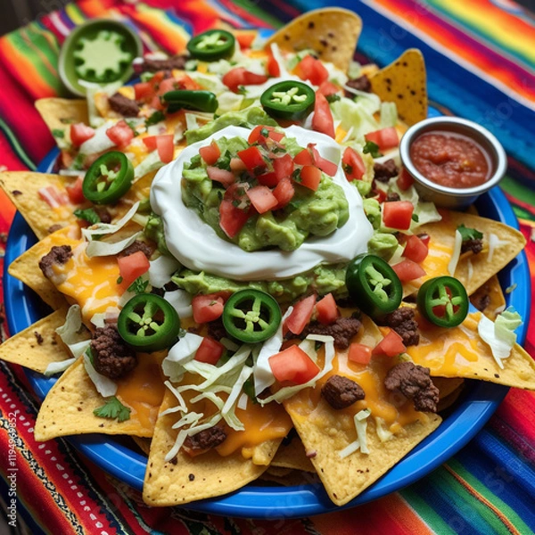 Obraz A colorful platter of loaded nachos topped with melted cheddar, jalapeños, guacamole, sour cream, diced tomatoes, and shredded lettuce, served with a side of salsa on a vibrant Mexican-style.