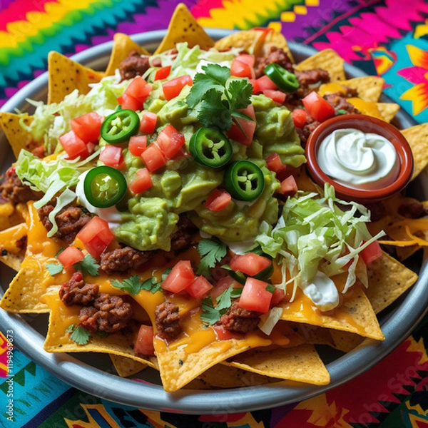 Obraz A colorful platter of loaded nachos topped with melted cheddar, jalapeños, guacamole, sour cream, diced tomatoes, and shredded lettuce, served with a side of salsa on a vibrant Mexican-style.