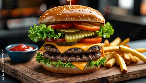 Obraz A towering cheeseburger with a perfectly grilled beef patty, melting cheddar cheese, fresh lettuce, juicy tomato, crunchy pickles, and a toasted sesame seed bun, placed on a wooden serving board with 