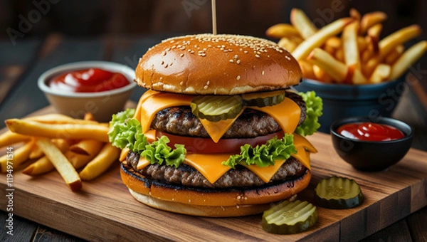 Obraz A towering cheeseburger with a perfectly grilled beef patty, melting cheddar cheese, fresh lettuce, juicy tomato, crunchy pickles, and a toasted sesame seed bun, placed on a wooden serving board with 