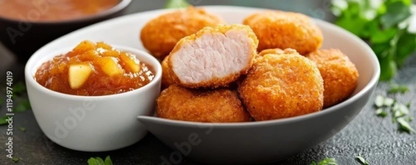 Fototapeta Deep-fried pork nuggets served with a side of tangy apple chutney