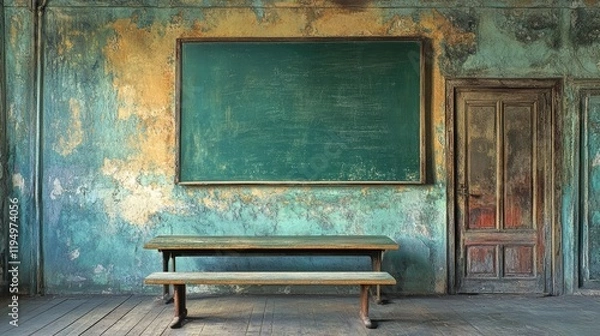 Fototapeta A decaying classroom with a faded green chalkboard and dusty wooden table, holding silent stories of past lessons and forgotten education.