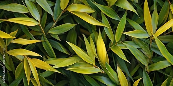 Fototapeta Lush bamboo foliage with vibrant green and golden yellow leaves densely arranged in a natural pattern on a dark background