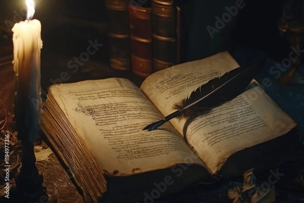 Obraz Open book illuminated by candlelight, quill resting on pages, ev