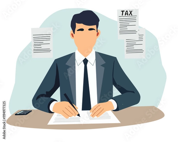 Fototapeta Flat illustration of a professional businessman sitting at a desk, signing documents. Tax forms and a calculator on the desk represent financial management and accounting work