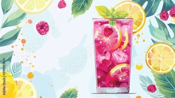 Fototapeta Refreshing Raspberry Mojito Cocktail with Lemon and Mint
