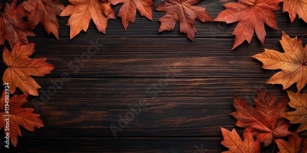 Fototapeta Autumn maple leaves arranged in a frame on a dark wooden background with rich brown hues creating a warm seasonal ambiance with space for text.