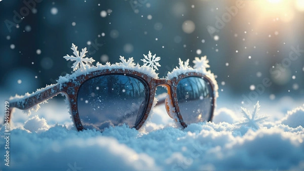 Fototapeta Snow-covered sunglasses resting on a winter landscape illuminated by soft sunlight