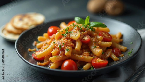 Obraz Fresh pasta dish with cherry tomatoes and herbs served on a dark plate with a side of crackers