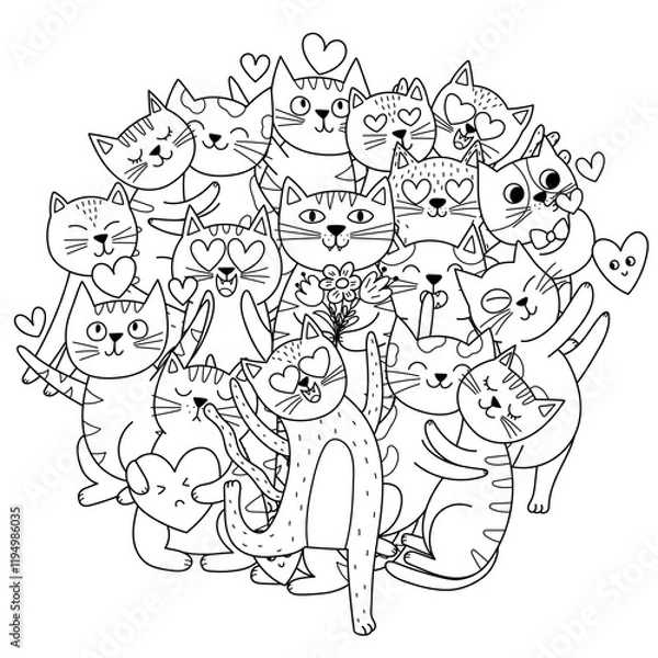 Fototapeta Cute romantic cats circle shape coloring page. Valentine's Day and Love feline characters mandala for coloring book. Vector illustration