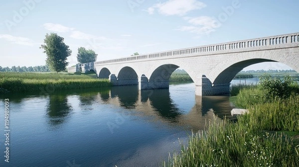 Fototapeta Scenic view of a stone bridge over a calm river surrounded by greenery.