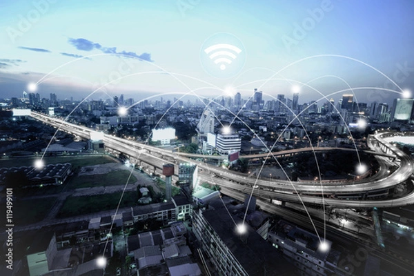 Obraz City scape and network connection