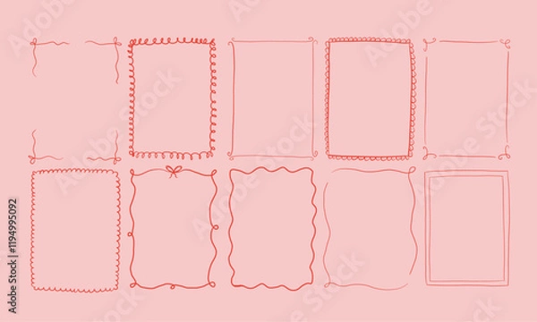 Fototapeta Set of hand drawn frames in coquette style, vector illustration. Cute borders for wedding invitation designs, menu or greeting cards. A4 whimsical style frames.