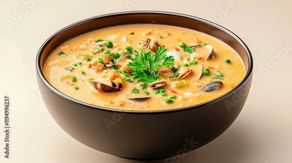 Fototapeta A bowl of soup with peas and carrots