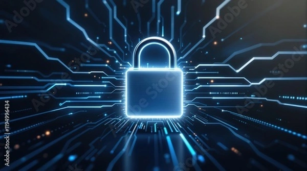 Fototapeta Futuristic blue glowing padlock icon in digital space. Represents cybersecurity, data protection, and online security. Perfect for tech websites, presentations, and articles