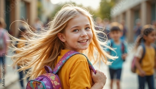 Obraz little girl looking back and smiles in schoolyard, back to school.