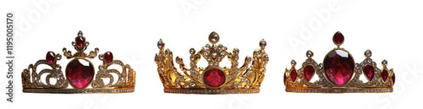 Obraz Three Gold Crowns with Red Rubies & Diamonds, Transparent Background