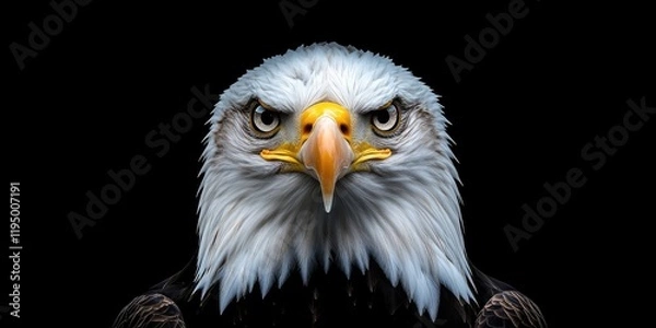 Fototapeta Majestic bald eagle portrait with striking white head and yellow beak against a solid black background, capturing fierce gaze and detail.